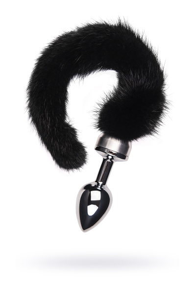 Анальная втулка TOYFA Metall, металл, серебристая, с черным хвостом, 6 см, Ø 2,9 см