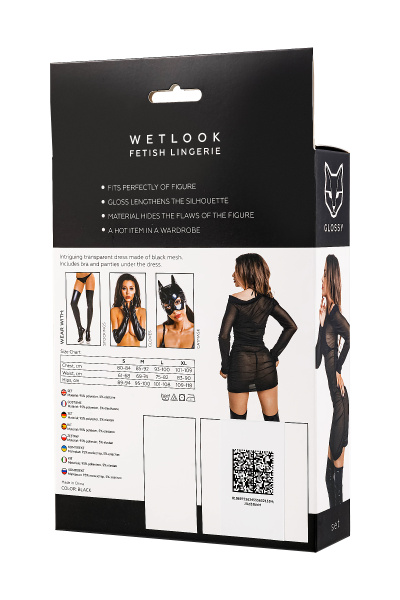 Комплект Glossy Sheril платье сетка, лиф и трусики из материала Wetlook, черный, S